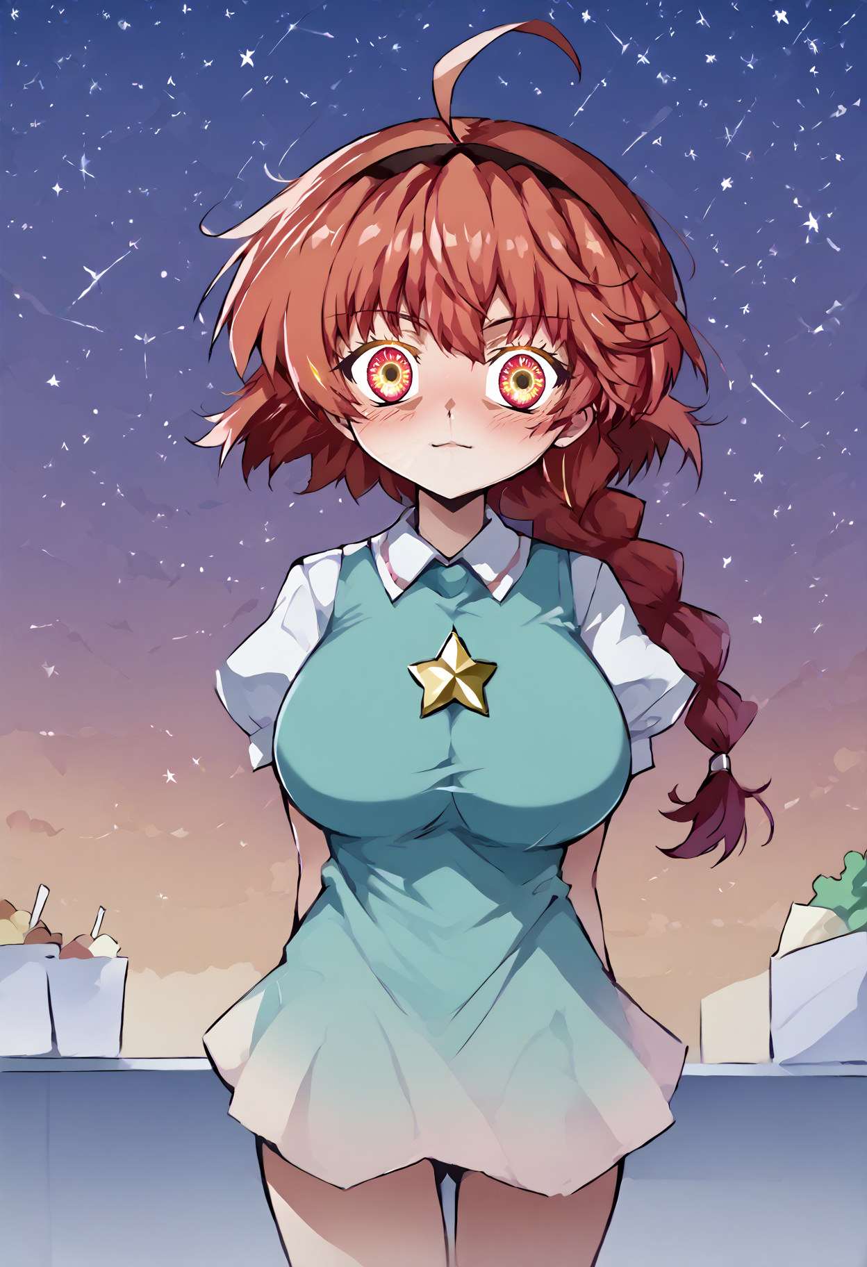 score_9, score_7_up,  source_anime, uncensored, flat color, vector trace, <lora:intricate_details:0.5> intricate_details_xl, supermarket, signature, multicolored background,  wide shot, breast focus, paper cutout,
1girl, solo, li, gigantic breasts, red hair, single braid, hair intakes, huge ahoge, very long hair, looking at viewer, Kanzu, arms behind back, :/,
<lora:Higurashi_Looper_Eyes_v1.1:1> looper eyes, gold eyes, glowing eyes, symbol-shaped pupils, eye reflection  <lora:Orenji_v3:1> orenji