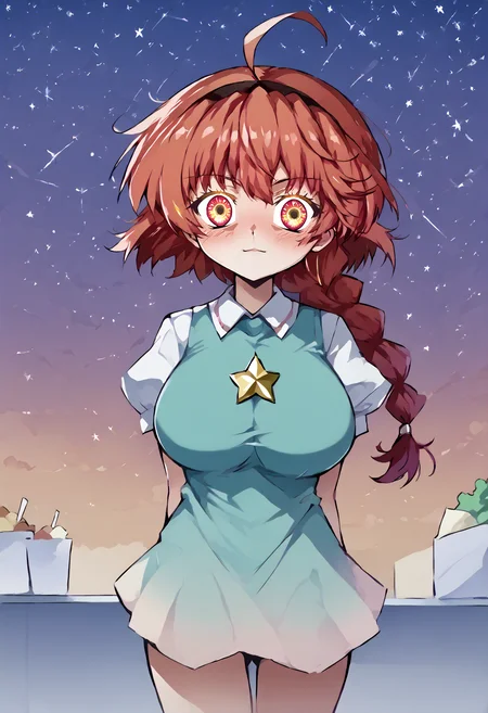 score_9, score_7_up, source_anime, uncensored, flat color, vector trace, <lora:intricate_details:0.5> intricate_details_xl, supermarket, signature, multicolored background, wide shot, breast focus, paper cutout,
1girl, solo, li, gigantic breasts, red hair, single braid, hair intakes, huge ahoge, very long hair, looking at viewer, Kanzu, arms behind back, :/,
<lora:Higurashi_Looper_Eyes_v1.1:1> looper eyes, gold eyes, glowing eyes, symbol-shaped pupils, eye reflection <lora:Orenji_v3:1> orenji
