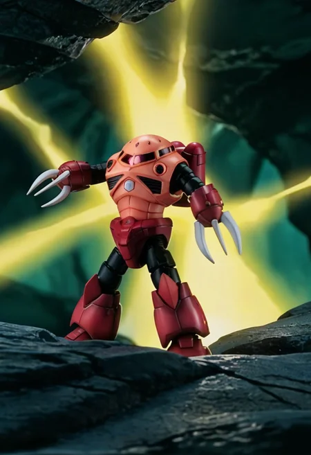 score_9, score_8_up, score_7_up, source_anime, side view, BREAK, ( chars_zgok, pink monoeye, looking to the side, hands raised, shooting beam weapons, yellow beams, ) 1mech, mech focus, solo, BREAK, cave, dark background, rocky terrain, low light,