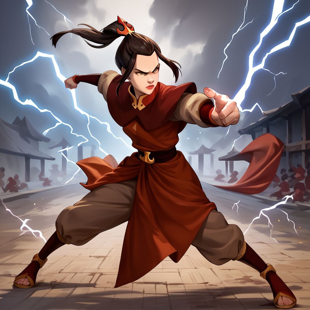score_9, score_8_up, score_7_up, score_6_up, score_5_up, score_4_up, rating_safe, 1girl, Azula, fighting stance, surrounded by lightning