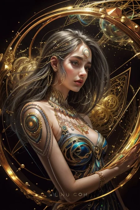 (((1girl))),(geometric abstract background:1.4), esoteric, depth of field (zentangle, mandala, tangle, entangle) (photorealistic:1.4), official art, unity 8k wallpaper, ultra detailed, beautiful and aesthetic, masterpiece,best quality, (dynamic angle:1.4), glowing skin, (floating colorful sparkles:1) the most beautiful form of chaos, elegant, a brutalist designed, vivid colours, romanticism,back to camera,