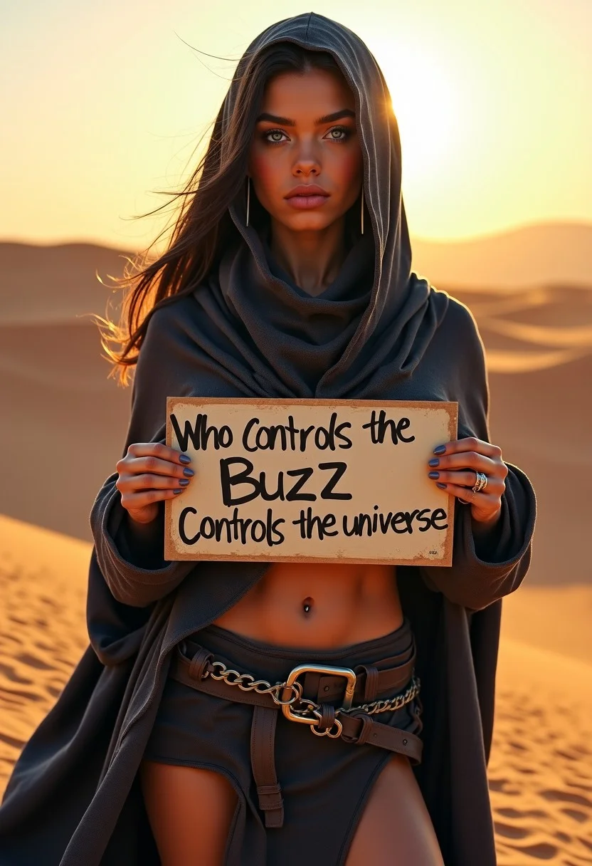 A beautiful fremen woman with light brown skin and glowing blue eyes, she has dark brown eyes and wears a dark robe with a hood. Her athletic feminine physique is clearly visible under her robes. There are dunes in the background and the sun is bright.
She holds a sign that "Who controls the buzz, controls the universe".
The inspiration is the movie and book dune.