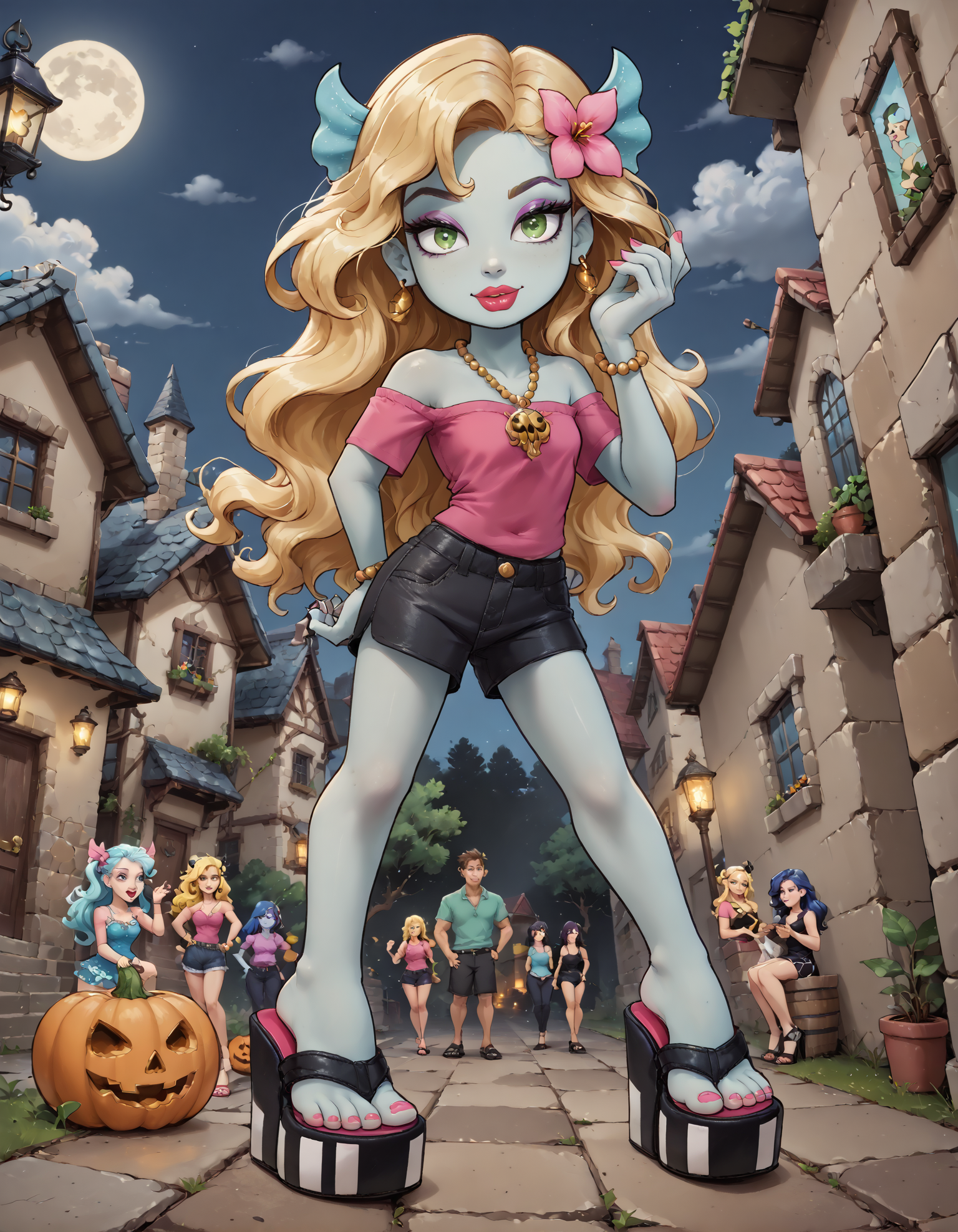 score_9, score_8_up, score_7_up, score_6_up, source_anime,
halloween scene, 
foot focus,
1girl,
zzLagoona, green eyes, blonde hair, blue hair, hair ornament, long hair, blue skin, pink shirt, makeup, jewelry, lipstick, necklace, bracelet, eyeshadow, flower, black shorts
standing, feet apart,
dungeon, night dark, fog,
ï»¿lag00na platform flip flops, (platform footwear:1.1), pink toenail polish,
embedding:zPDXLrl ,
embedding:zPDXL2 ,