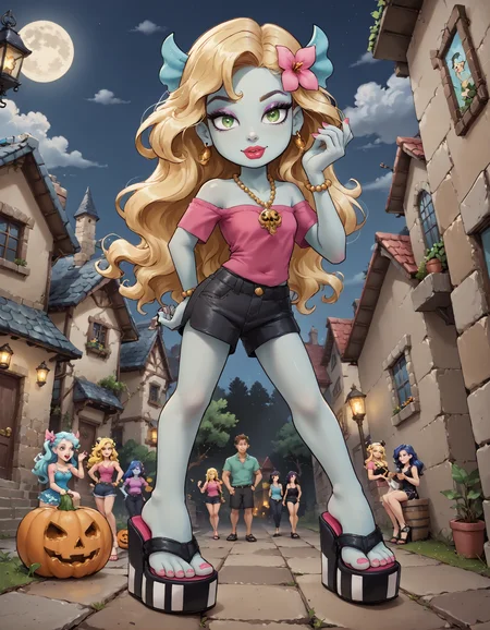 score_9, score_8_up, score_7_up, score_6_up, source_anime,
halloween scene, 
foot focus,
1girl,
zzLagoona, green eyes, blonde hair, blue hair, hair ornament, long hair, blue skin, pink shirt, makeup, jewelry, lipstick, necklace, bracelet, eyeshadow, flower, black shorts
standing, feet apart,
dungeon, night dark, fog,
ï»¿lag00na platform flip flops, (platform footwear:1.1), pink toenail polish,
embedding:zPDXLrl ,
embedding:zPDXL2 ,