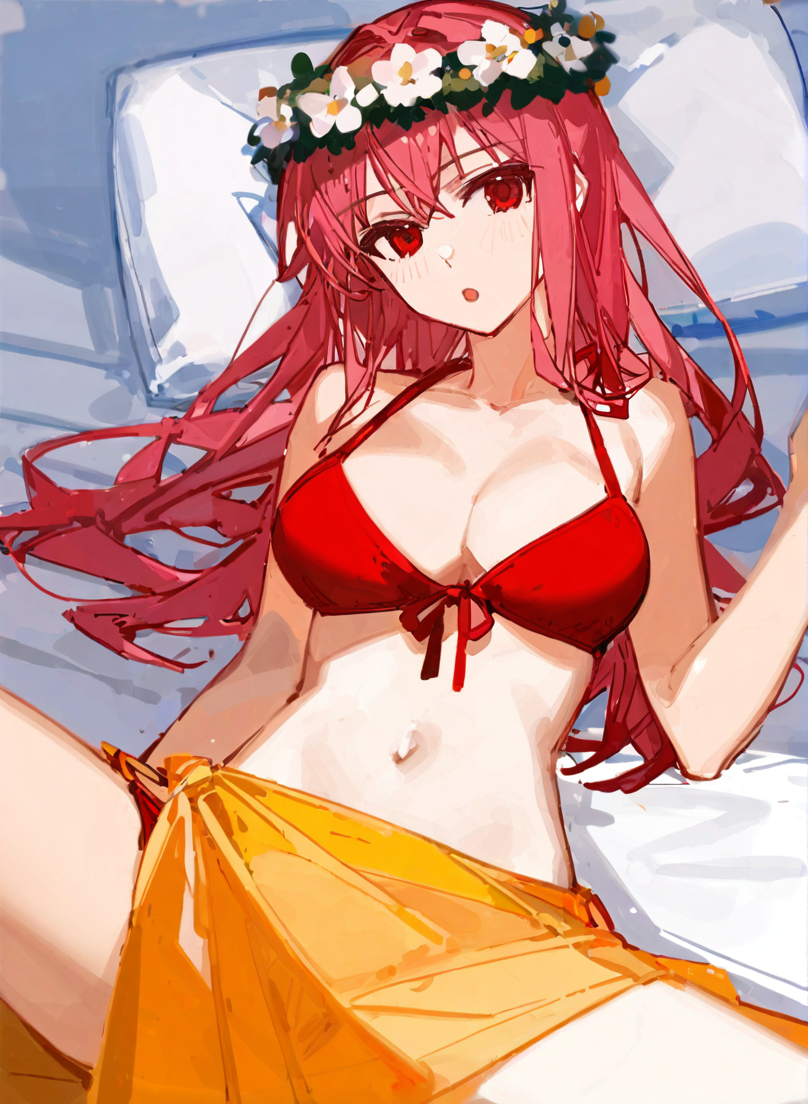 artist:ciloranko, character: Mizuki (ç¾æ) , 1girl, solo, lying on bed,spread legs, long hair, pink hair, large breasts,red eyes, white head wreath, :o, yellow sarong, cleavage,collarbone, navel, red bikini, front-tie bikini top,<lora:Mizuki (ç¾æ) v5 (æ­£ååå¾ç¿»è½¬)-000015:1>