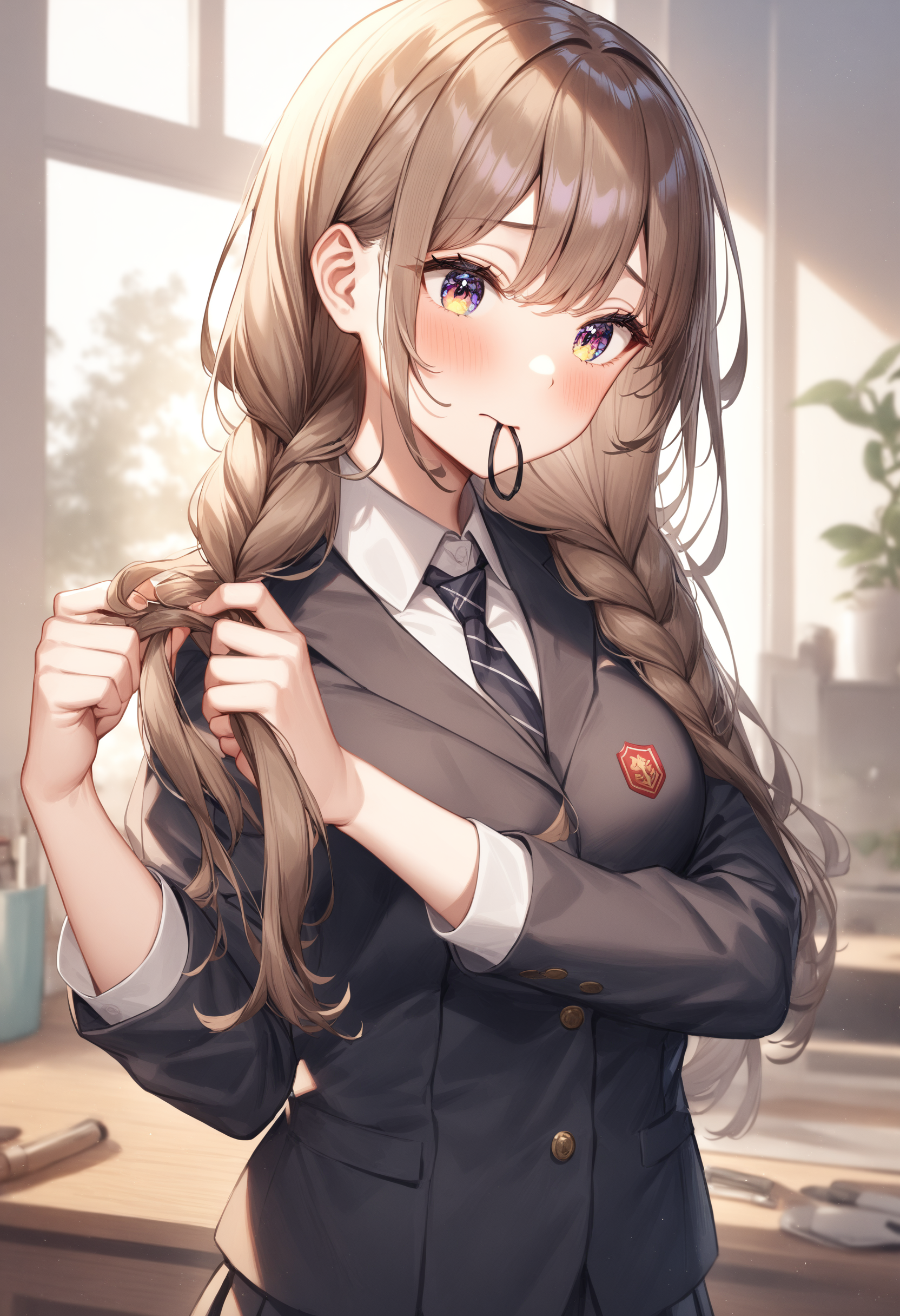 1girl, <lora:sdxl2-flat2-512b:-1>,medium breasts,school uniform,
<lora:braidinghair_XL_v1:0.8>braiding hair,twin braids, hairdressing, holding hair, tying hair, adjusting hair, hair over shoulder, hand in hair, hair tie in mouth,
from behind, panorama shot, looking away, naughty, farms, closed mouth,
masterpiece, best quality, very aesthetic, absurdres