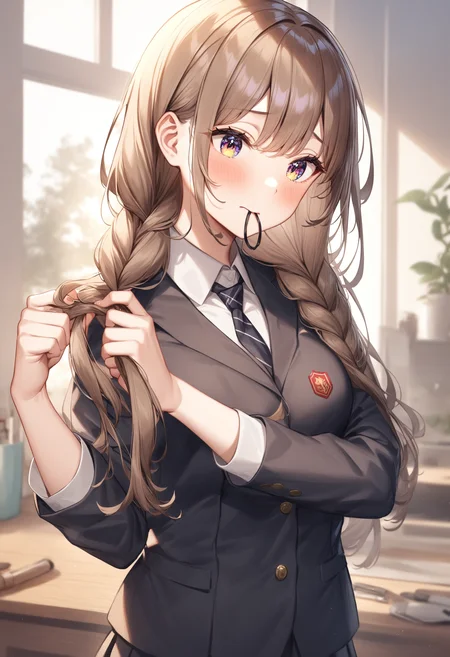 1girl, <lora:sdxl2-flat2-512b:-1>,medium breasts,school uniform,
<lora:braidinghair_XL_v1:0.8>braiding hair,twin braids, hairdressing, holding hair, tying hair, adjusting hair, hair over shoulder, hand in hair, hair tie in mouth,
from behind, panorama shot, looking away, naughty, farms, closed mouth,
masterpiece, best quality, very aesthetic, absurdres