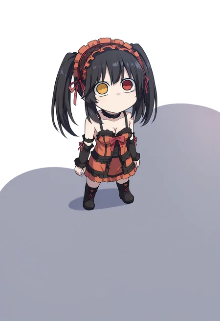 score_9, score_8_up, score_7_up, source_anime,
BREAK
<lora:shiKurumiV2:1> kurdef, long hair, black hair, twintails, red eyes, yellow eyes, clock eyes, heterochromia, hairband, bare shoulders, detached sleeves, choker, red dress, cleavage, bow, black thighhighs, lace-up boots,
<lora:shiBoobShadowV3:0.95>,
1girl, solo, shingleshadowmeme, meme, wide-eyed, breast shadow, wide-eyed, solid circle eyes, no mouth, closed mouth,
looking up, standing, full body,
simple background, white background, shadow, chibi, meme,