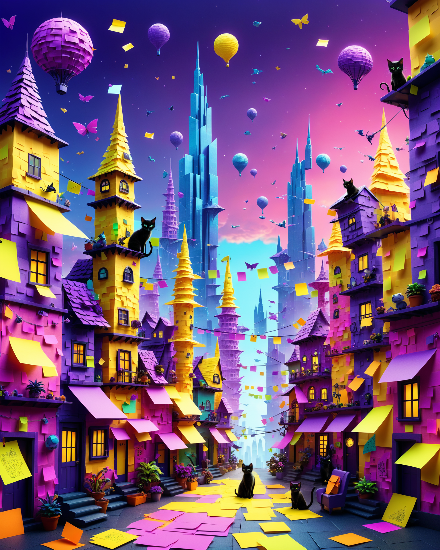 (masterpiece:1.2), (best quality:1.2), highly detailed, realistic texture, sharp details, extremely delicate and beautiful, realistic cg 8k wallpaper
<lora:add-detail-xl:1> <lora:StickyNotesStyle:0.6>  <lora:TQ_-_Paper_Quilling_Art_XL_r1:0.5> (cute:1.2), whimsical, Jed-StickyN, 
 an alien city suspended in the air with towers woven from sticky note threads, purple skies crackling with energy, cats wearing helmets made from neon post-its