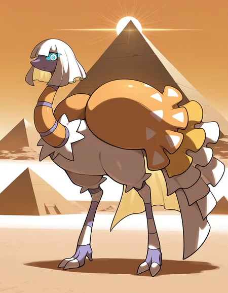 masterpiece, best quality, amazing quality, very detailed, newest, no humans, espathra, colored sclera, white hair, orange stripes, pokemon \(creature\), desert, pyramids, sunny, (solo), full body, looking at viewer, wings, <lora:f61df10c-8d98-4bb4-a477-0c17857ff54b:0.9>