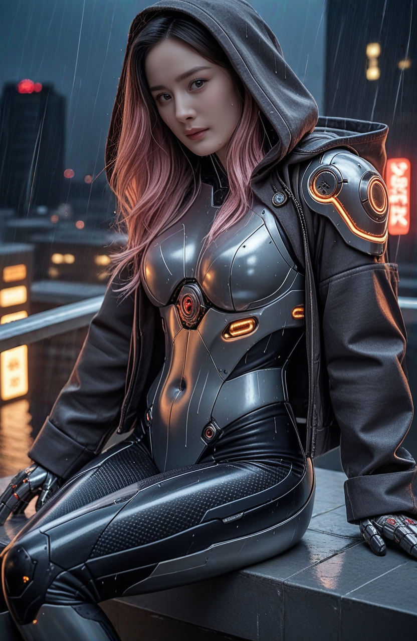 score_9,score_8_up,score_7_up,score_6_up,score_5_up,<lora:add_brightness_XL:-0.5>,<lora:add_contrast_XL:-0.9>,<lora:add_saturation_XL:-0.5>,<lora:add_sharpness_XL:0.5>,zPDXL3,SmoothQualityPony,<lora:Adjust_details_v6.0_PONY:0.3>,<lora:Add_Details_v1.2:0.5>,<lora:Pony Realism Slider:0.5>,<lora:spo_sdxl_10ep_4k-data_lora_webui:1.8>,<lora:BackgroundDetailerV3:0.3>,intricate detail,high quality,best quality,8k,masterpiece,(realistic:1.2),photorealistic,photo (medium),pureerosface_xl,expressive face,<lora:Expressive_H:0.8>,(Expressiveh:1.3),
BREAK 1girl,<lora:JCAI_celebrity08_unreal:1>,y4n9m1,asian,female,chinese,black eyes,1girl,solo,alone,realistic,(looking at viewer:1.1),mechanical arms,covered navel,covered arm,covered thigh,covered breasts,science fiction,lips,realistic,standing,indoors,(full bodysuit:1.3),(cybernetics),(bodyarmor),(futuristic),(cyborg),(armor),robot,(mechanical parts),technology,armor suit,jacket,long suits,long pants,cyberpunk,trendy,pink color hair,striped hair,power armor,sitting,pose,on stair,confident,cold,aloof,dim,night,neon citty,neon,(heavy rain:1.3),outdoors,one legs out,wet,(hooded jacket:1.2),from side,hooded,