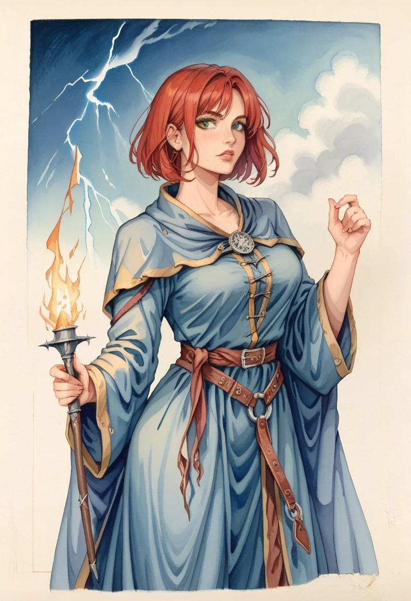 score_9, score_8_up, score_7_up, oblivionarts, solo, 1girl, mage focus, blue robe, large breasts,red hair,bob haircut,bangs,green eyes,casting lightning, mage, simple background, traditional art, medieval, <lora:Oblivion:1>