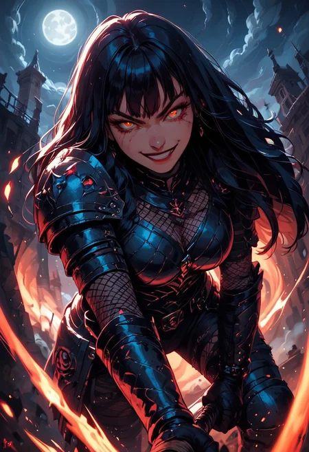 Score_9, Score8_up, Score_7_up, (((High Resolution, Best Quality))),
1girl, beautiful, breasts, battle scarred, damaged armor, fishnets under armor, bangs, long hair, plated armour, holding sword, battle stance, dynamic angle, ancient fantasy city, battle-ready stance, dynamic pose, at night, moonlight, riding a nimbus cloud, nimbus, wukong theme, directional lighting, viewed from above,
Embers, firey glint in eye, partical effect, smirk, looking at viewer, stabbing, evil girl,