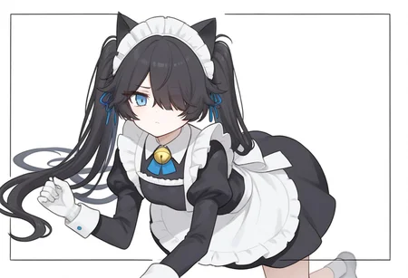 (Maid-kasli), solo, white gloves, dress, hair over one eye, maid apron, blue eyes, twintails, cat ears, maid headdress, maid, gloves, 1girl, apron, juliet sleeves, long sleeves, long hair, black hair, animal ears, bell,(Fall down),