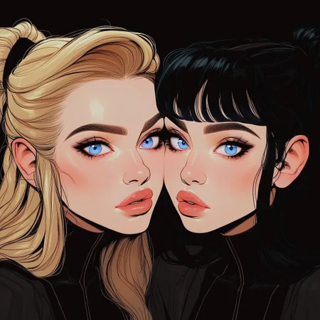 two girls with contrasting images. One has blonde hair with straight short fringes, the other has black hair and the same fringes. Both are looking towards the viewer, their faces touching each other, one face slightly lower than the other, creating an effect of tenderness and closeness. The girls have expressive blue eyes, long black lashes and glossy lips. Their dark-coloured clothes emphasise the minimalism and elegance of their style.