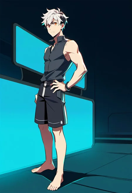 cartoon art style, adult, no shoes on, ((masterpiece)), ((best quality)), ((ultra-detailed)), score_9_up, score_8_up, score_7_up, HD, top quality, best quality, High-quality illustrations, anime screencap, masterpiece, best quality, amazing quality, (Cartoony), thick outlines, 1boy, BREAK man male guy, platinum hair, short hair, messy hair, curly hair, dark side fade hair, dark side cut hair, robotic orange eyes, holographic eyes, defined chin, chiseled face, athletic slim body, light skin tone, black shorts, plain silver gray shirt, standing, BREAK simple blank background