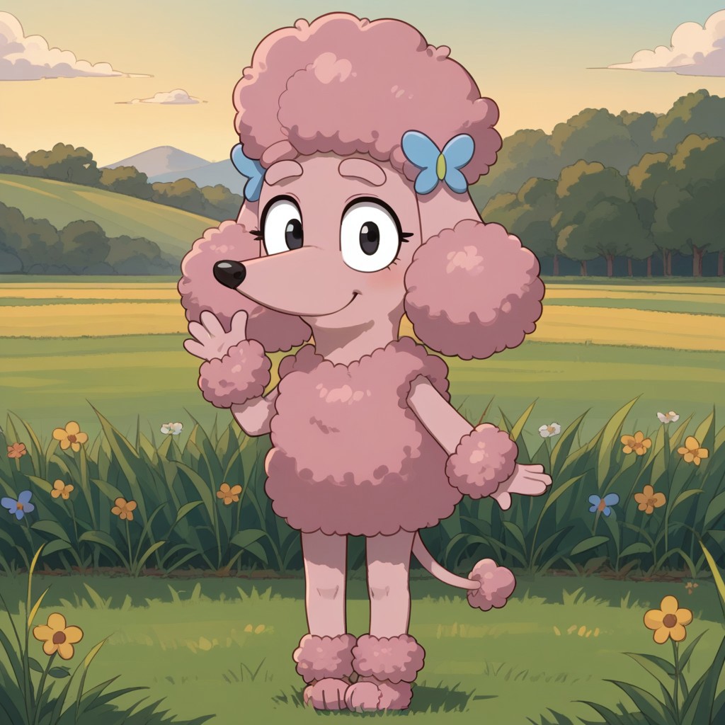 score_9, score_8_up, score_7, source_cartoon, Coco(B), Solo, 1girl, anthro, female furry, dog girl, poodle, pink fur, puffy fur, puffy hair, black eyes, dog ears, dog tail, butterfly hair pins, looking at viewer, full body, standing, smile, waving at viewer, grass field background,