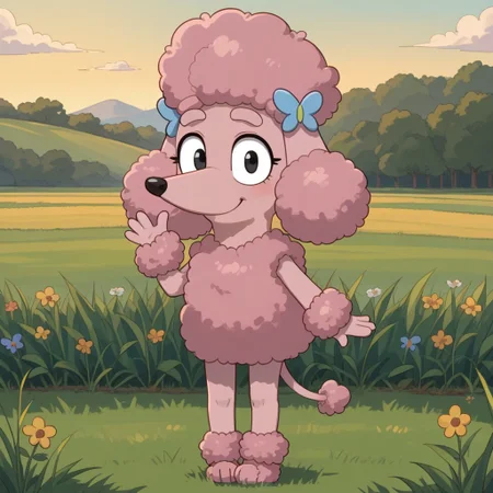 score_9, score_8_up, score_7, source_cartoon, Coco(B), Solo, 1girl, anthro, female furry, dog girl, poodle, pink fur, puffy fur, puffy hair, black eyes, dog ears, dog tail, butterfly hair pins, looking at viewer, full body, standing, smile, waving at viewer, grass field background,