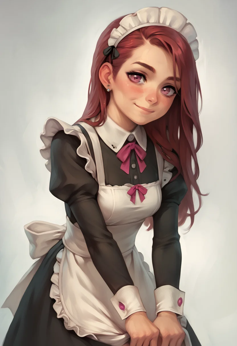 score_9, score_8_up, score_7_up, score_6_up, score_5_up, score_4_up, BREAK breasts, solo, blush, maid headdress, maid, looking at viewer, smile, grey background, simple background, apron, red hair, long hair, small breasts, closed mouth, pink eyes, long sleeves, earrings, jewelry, maid apron, spot color, dress<lora:CALM_testXL_4image_125steps:0.8>