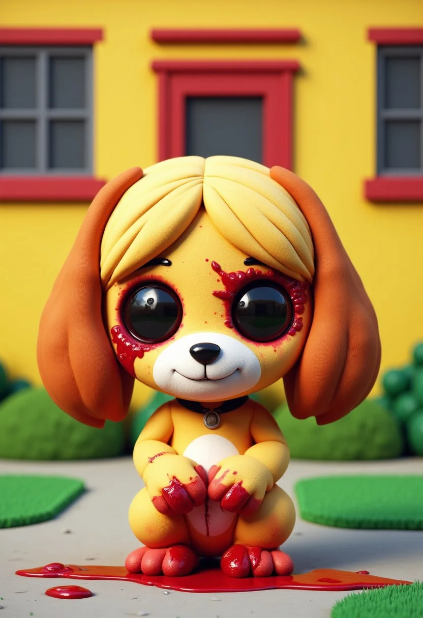 an image in the style of the tv show south park of A 3D-rendered isabelle (animal crossing), anthro-dog in a simple cartoon style with large plain eyes and a large round head. Simple and cute, standing in front of a yellow school building. The image has a terrifying contrast between the adorable isabelle antrho-dog and the cute cartoon surroundings, and the realistic blood coming from her eyes and covering her paws, pooling on the ground in front of her. The blood and eye lacerations should be rendered in extreme realistic detail making her an Ugly Cute monster creature