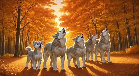 <lora:Howling_Canine:1>,Pack of wolves,Howling cub,wolf cub,Multiple wolves,detailed fur,standing pose,multiple wolves,size difference small cub,head back,mouth open,highres,absurdres,incredibly absurdres,huge filesize,wallpaper,animal,wolf,in autumn,good proportions,