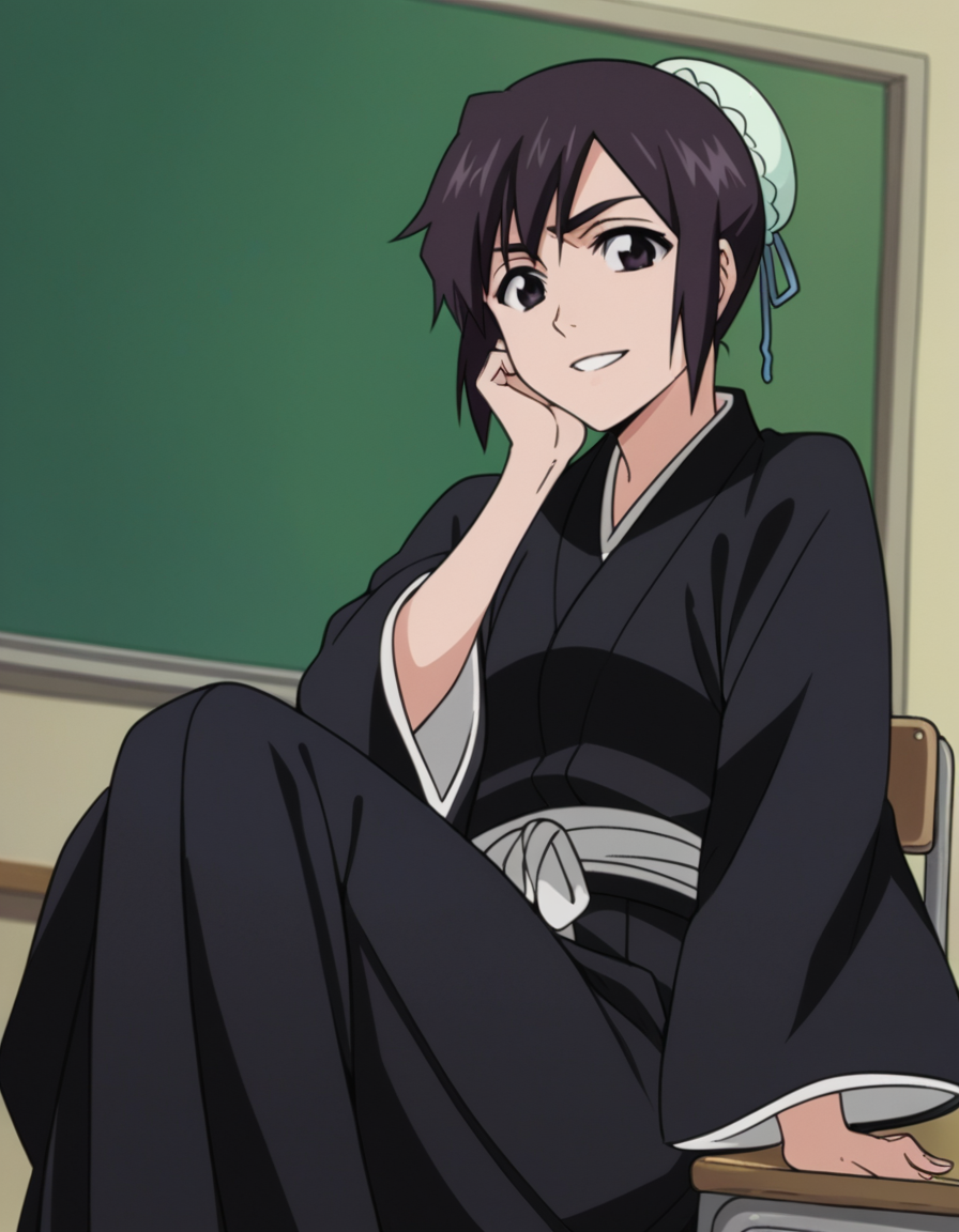 score_9, score_8_up, score_7_up, source_anime, <lora:momo-hinamori-anime-ponyxl-lora-nochekaiser:1>, momo hinamori, black hair, hair bun, single hair bun, bun cover, short hair, black eyes,, long sleeves, japanese clothes, kimono, haori, black kimono, hakama, black hakama,, classroom, chalkboard, day time, studying, sitting, chair, desk,, smile, looking at viewer, hand on shoulder, foot crossed over, knee up, solo,, cowboy shot, dutch angle
