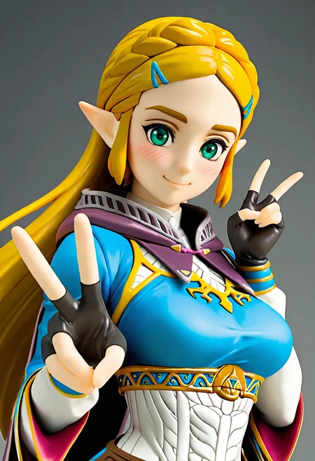 masterpiece, best quality, solo, curvy, beautiful eyes, 1girl, solo, smile, looking at viewer, dynamic angle, foreshortening, close up, f1gur3, ,<lora:AnimeFigure_IXL:1.2>, princess zelda, long hair, crown braid, hairclip, pointy ears, blue shirt, long sleeves, fingerless gloves, black gloves, upper body, green eyes, solo, looking at viewer, smile, blush, v,