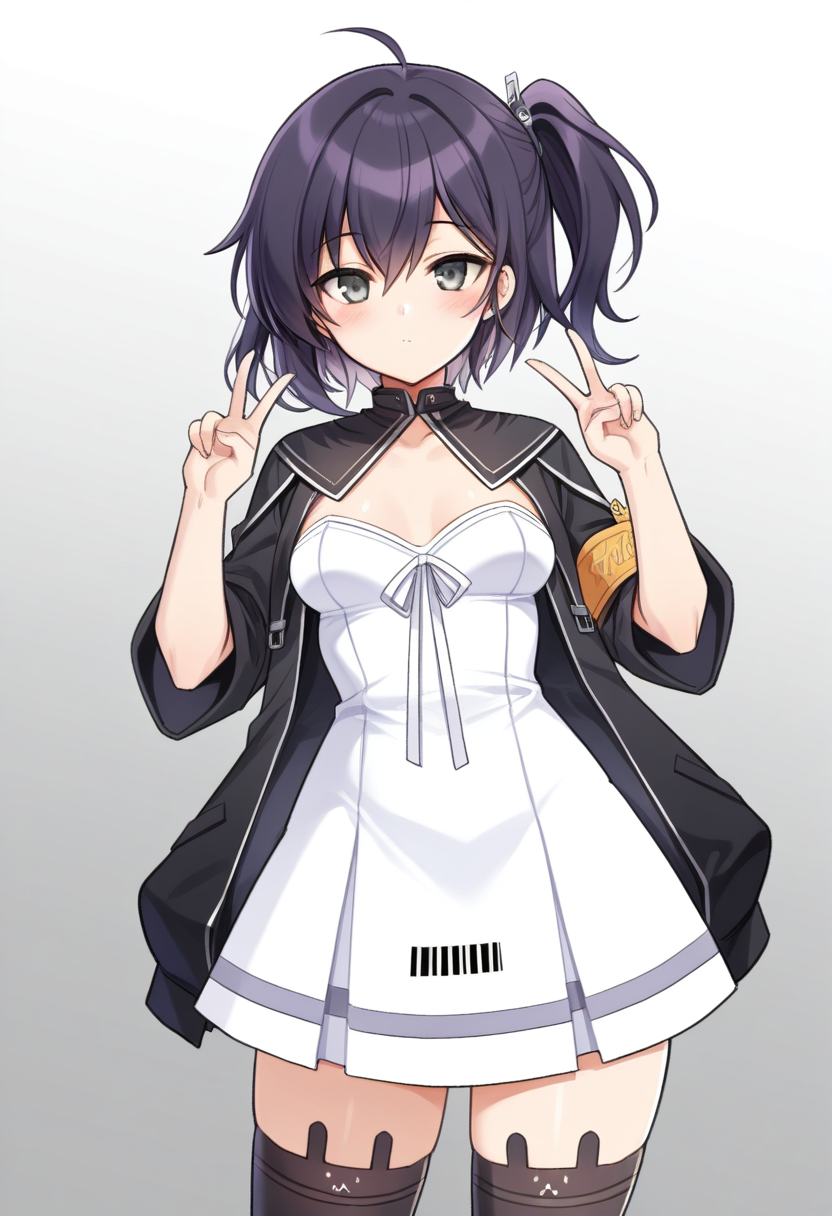 <lora:dhanadefaultoutfitcolsedcollar_IXL-10:0.95>,<lora:dhanaopini_IXL-10:0.7>,(artist:maett:0.9),(artist:kyjsogom:0.86),dhanasdefaultoutfit,1girl,dhanaopini,purple hair,one side up,grey eyes,white strapless dress,black jacket,closed collar,armband,
shiny,solo,small breasts,masterpiece,best quality,short hair,bar code,animal ear legwear,black thighhighs,double v,