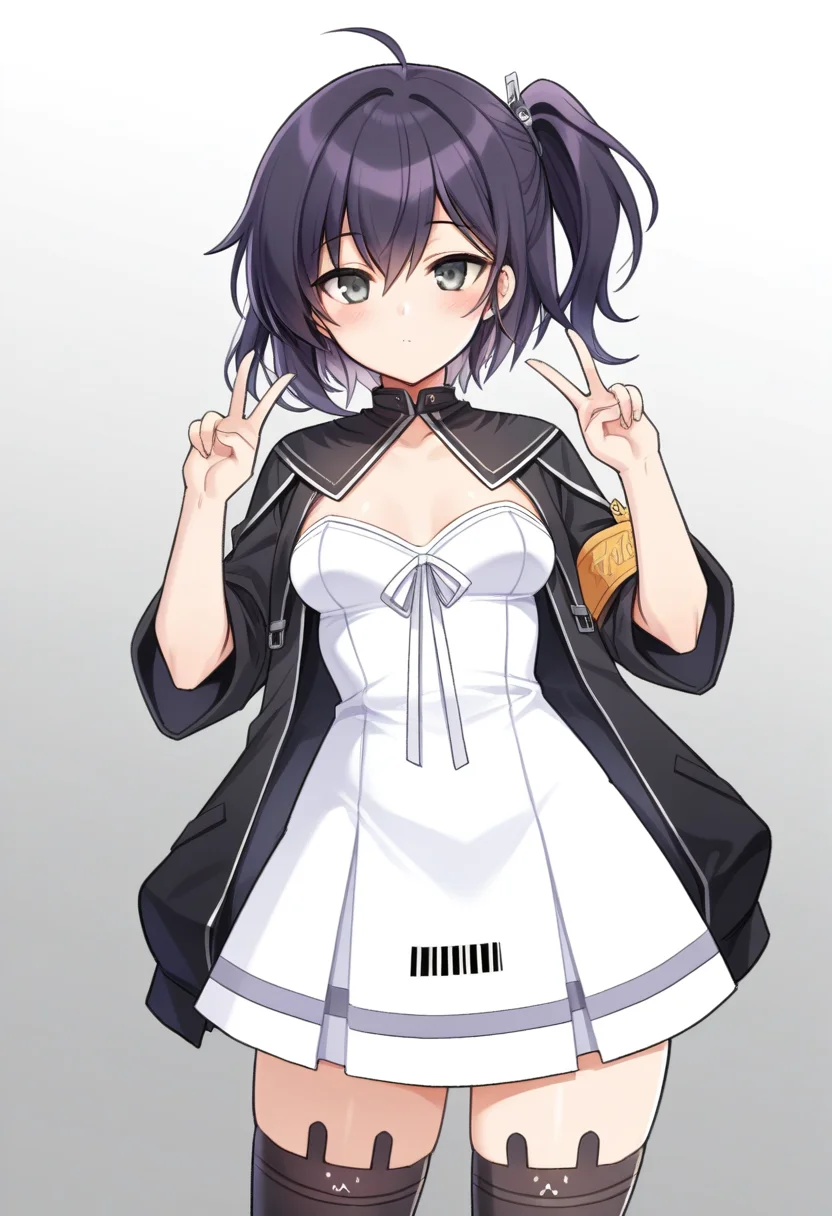 <lora:dhanadefaultoutfitcolsedcollar_IXL-10:0.95>,<lora:dhanaopini_IXL-10:0.7>,(artist:maett:0.9),(artist:kyjsogom:0.86),dhanasdefaultoutfit,1girl,dhanaopini,purple hair,one side up,grey eyes,white strapless dress,black jacket,closed collar,armband,
shiny,solo,small breasts,masterpiece,best quality,short hair,bar code,animal ear legwear,black thighhighs,double v,