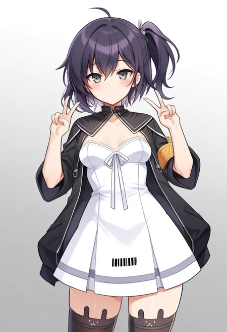 <lora:dhanadefaultoutfitcolsedcollar_IXL-10:0.95>,<lora:dhanaopini_IXL-10:0.7>,(artist:maett:0.9),(artist:kyjsogom:0.86),dhanasdefaultoutfit,1girl,dhanaopini,purple hair,one side up,grey eyes,white strapless dress,black jacket,closed collar,armband,
shiny,solo,small breasts,masterpiece,best quality,short hair,bar code,animal ear legwear,black thighhighs,double v,