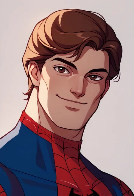 score_9, score_8_up, score_7_up BREAK PeterTAS, 1boy, brown hair, brown eyes, spider-man costume, spiderman costume, smiling at viewer,