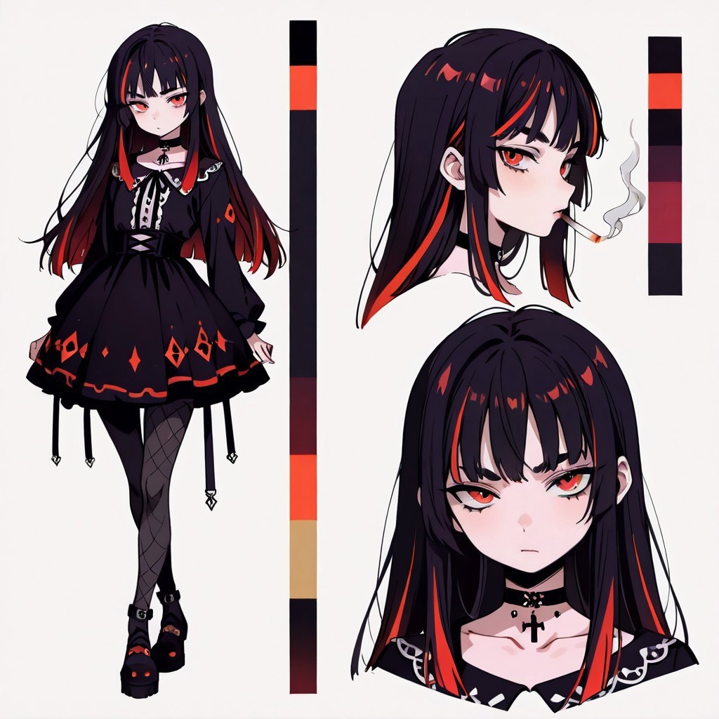 Goth girl, young adult, long straight black hair with red highlights, red eyes, smoking, pantyhose, black choker
CharacterDesignIllustrious,,, reference sheet, simple white background, (color guide:1.2), (multiple views), (full body), dynamic pose,,, donbiki
