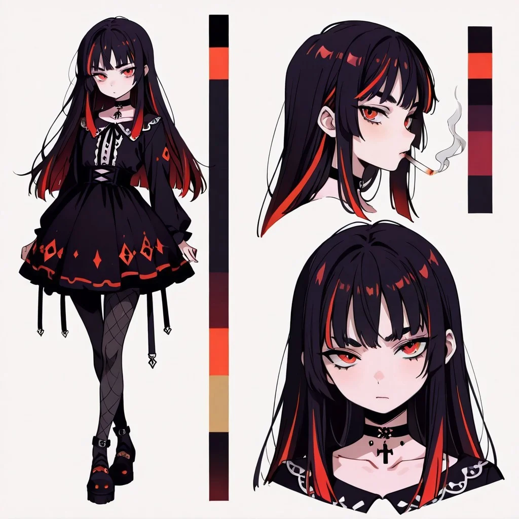 Goth girl, young adult, long straight black hair with red highlights, red eyes, smoking, pantyhose, black choker
CharacterDesignIllustrious,,, reference sheet, simple white background, (color guide:1.2), (multiple views), (full body), dynamic pose,,, donbiki