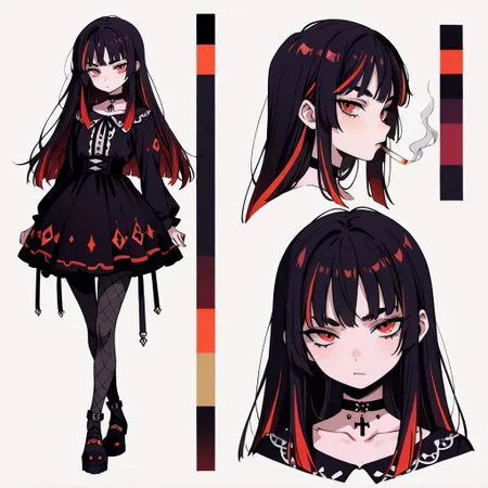 Goth girl, young adult, long straight black hair with red highlights, red eyes, smoking, pantyhose, black choker
CharacterDesignIllustrious,,, reference sheet, simple white background, (color guide:1.2), (multiple views), (full body), dynamic pose,,, donbiki