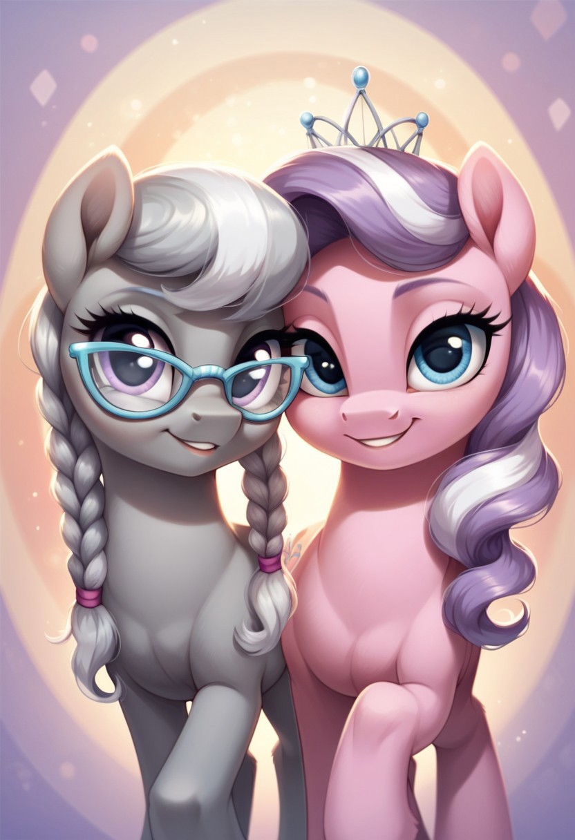 score_9, score_8_up, score_7_up, score_6_up, score_5_up, score_4_up, my little pony, ((feral pony)), Diamond Tiara, Silver Spoon, 2girls, ((duo)), (sexy), beautiful, detailed, (detailed cute pony face), detailed eyes, detailed fur, detailed hooves, beautiful, vector, flat colors, (beautiful long eyelashes), (beautiful hooves), (abstract background:1.8), (looking at you, looking at viewer:1.5), smile, happy, smug, ((close-up)), high angle