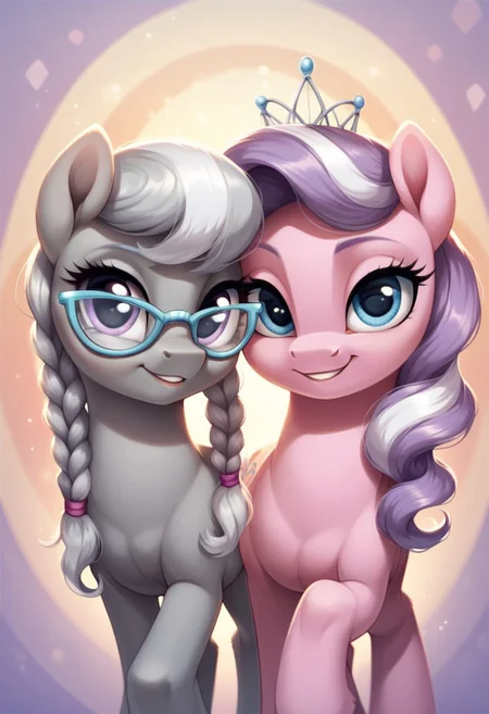 score_9, score_8_up, score_7_up, score_6_up, score_5_up, score_4_up, my little pony, ((feral pony)), Diamond Tiara, Silver Spoon, 2girls, ((duo)), (sexy), beautiful, detailed, (detailed cute pony face), detailed eyes, detailed fur, detailed hooves, beautiful, vector, flat colors, (beautiful long eyelashes), (beautiful hooves), (abstract background:1.8), (looking at you, looking at viewer:1.5), smile, happy, smug, ((close-up)), high angle
