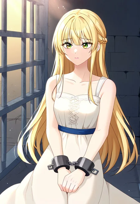 (best quality:1.4), (ultra highres:1.2), (8k, RAW photo:1.2), manhwa-artstyle, 1girl, solo, AriaRoscente, green eyes, blonde hair, long hair, bangs, very long sidelocks, worried, plain linen dress, sleeveless, collarbone, shackles on both hands, cuffs, cuffed wrists, bound wrists, arms in front, hands down, hands bound in front, hands between thighs, restrained, dark theme, low light, Medieval Prison background, jail cell, prison cell, sun rays, medieval setting, full shot, Perfect Hands, <lora:neg4all_bdsqlsz_xl_V7:0.8>, <lora:Perfect Hands:0.8>,<lora:manhwa-artstyle-000018:0.6>