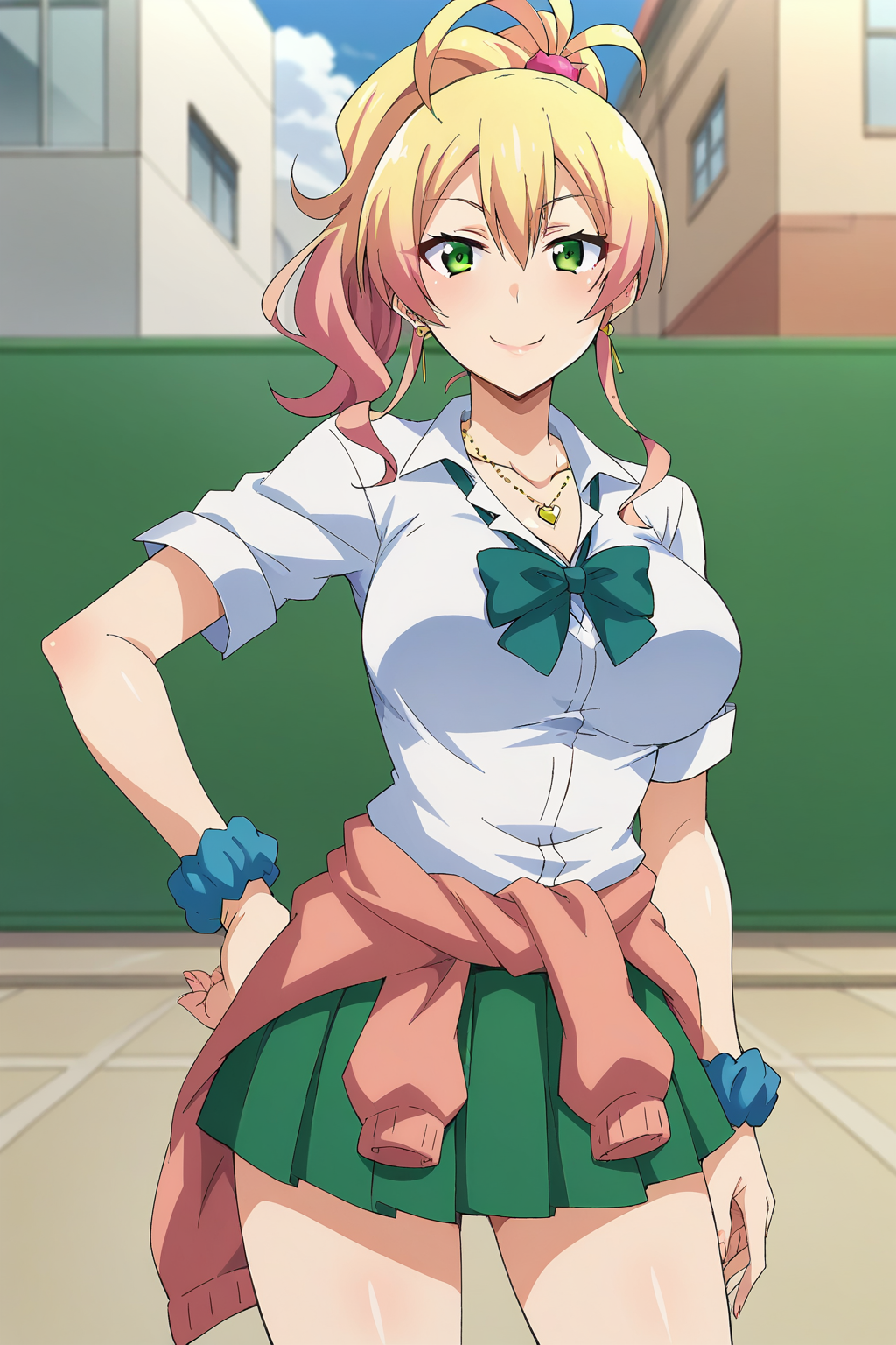 score_9, score_8_up, score_7_up, score_6_up, score_5_up, score_4_up, BREAK source_anime, hajimete no gal, yukanayame,  <lora:Yame_Yukana_XL:0.8>, 1girl, solo, long hair, blonde hair, pink hair, multicolored hair, hair ornament, ponytail, green eyes, large breasts, bracelet, scrunchie, wrist scrunchie, gyaru, smile, looking at view, school uniform, white skirt, short sleeves, green bowtie, green skirt, pleated skirt, necklace, heart, clothes around waist, earrings, outdoors, standing, hand on own hip