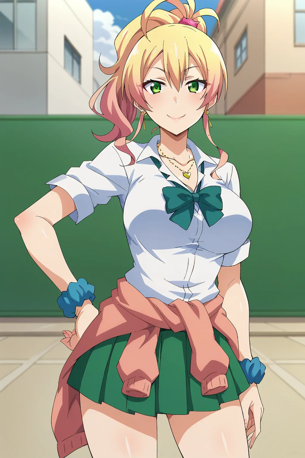 score_9, score_8_up, score_7_up, score_6_up, score_5_up, score_4_up, BREAK source_anime, hajimete no gal, yukanayame, <lora:Yame_Yukana_XL:0.8>, 1girl, solo, long hair, blonde hair, pink hair, multicolored hair, hair ornament, ponytail, green eyes, large breasts, bracelet, scrunchie, wrist scrunchie, gyaru, smile, looking at view, school uniform, white skirt, short sleeves, green bowtie, green skirt, pleated skirt, necklace, heart, clothes around waist, earrings, outdoors, standing, hand on own hip