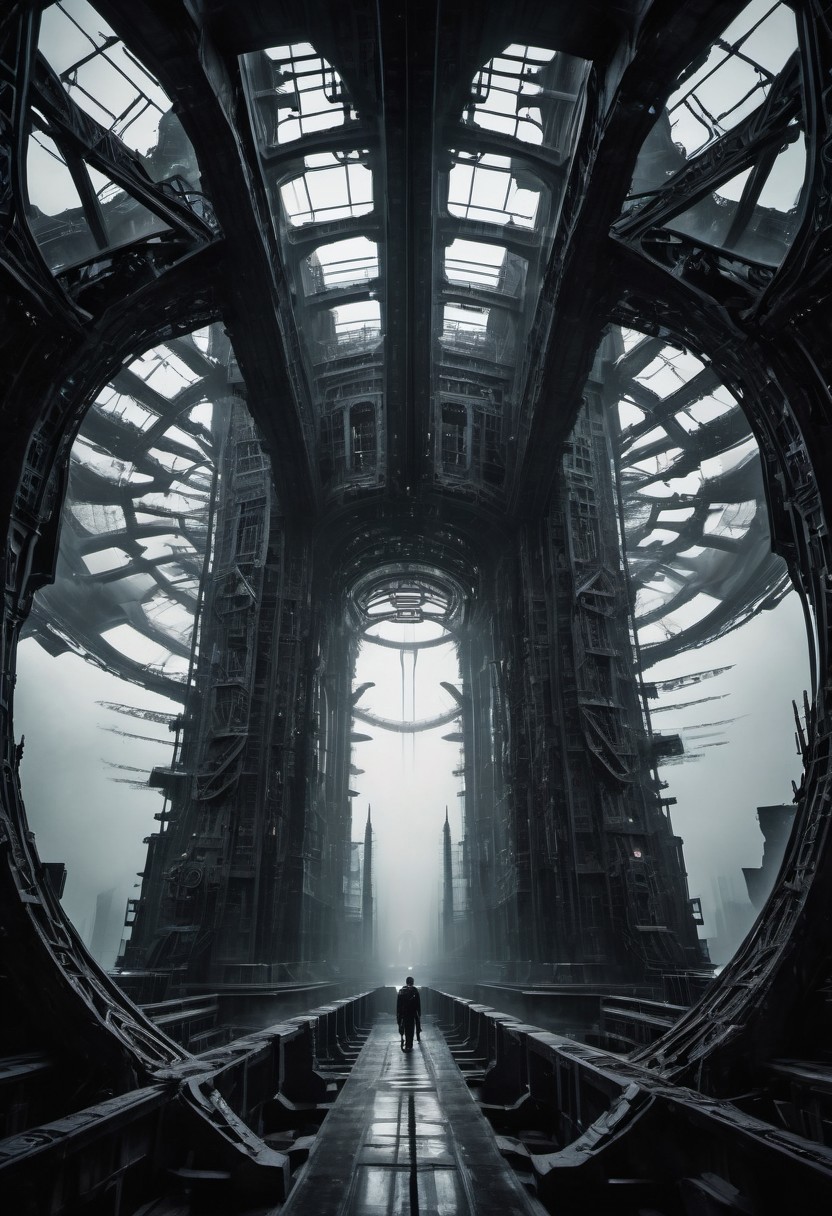 Monochrome with color Highlights, outside in profoundly deep darkness, otclillsn Impossible Geometrie, an monumental towering optical illusion ninja Like a Sci-fi technical building, the foreboding ancient gigant of an Higher intelligence, very detailed and vibrant outworn and translucent, Shot in UHD, volumetric backlight, high-resolution vintage photograph capturing a close-up of a a menacing Aura, a sci-fi action film still. with intricate mechanical lines forming a complex, mystical pattern which is hidden in deep shadow, intensifying the sinister presence, The overall image is dark, richly detailed, and exudes a mysterious, villainous atmosphere.