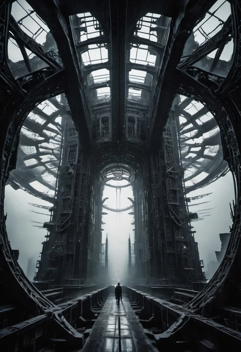 Monochrome with color Highlights, outside in profoundly deep darkness, otclillsn Impossible Geometrie, an monumental towering optical illusion ninja Like a Sci-fi technical building, the foreboding ancient gigant of an Higher intelligence, very detailed and vibrant outworn and translucent, Shot in UHD, volumetric backlight, high-resolution vintage photograph capturing a close-up of a a menacing Aura, a sci-fi action film still. with intricate mechanical lines forming a complex, mystical pattern which is hidden in deep shadow, intensifying the sinister presence, The overall image is dark, richly detailed, and exudes a mysterious, villainous atmosphere.