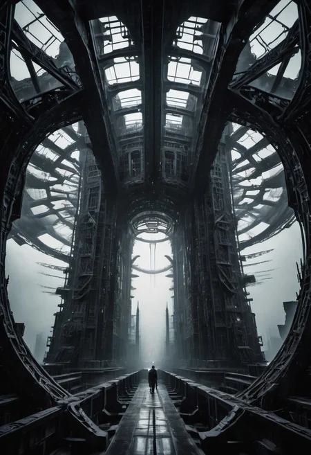 Monochrome with color Highlights, outside in profoundly deep darkness, otclillsn Impossible Geometrie, an monumental towering optical illusion ninja Like a Sci-fi technical building, the foreboding ancient gigant of an Higher intelligence, very detailed and vibrant outworn and translucent, Shot in UHD, volumetric backlight, high-resolution vintage photograph capturing a close-up of a a menacing Aura, a sci-fi action film still. with intricate mechanical lines forming a complex, mystical pattern which is hidden in deep shadow, intensifying the sinister presence, The overall image is dark, richly detailed, and exudes a mysterious, villainous atmosphere.