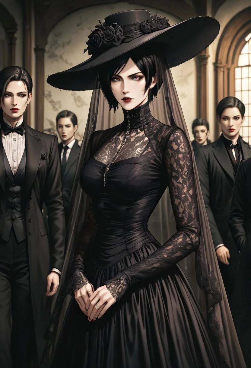 masterpiece, best quality, newest, absurdres, highres, anime, anime style, VGE-V1.0, goth fashion, victorian, solo, solo focus, female focus,
1girl, Ada_wong, \(resident evil\), asian, asian female, short hair, black hair,
hat, round hat, veil, dress, formal,