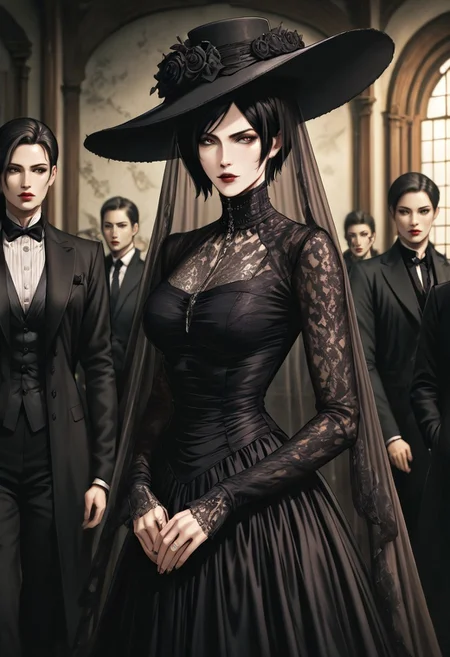 masterpiece, best quality, newest, absurdres, highres, anime, anime style, VGE-V1.0, goth fashion, victorian, solo, solo focus, female focus,
1girl, Ada_wong, \(resident evil\), asian, asian female, short hair, black hair,
hat, round hat, veil, dress, formal,