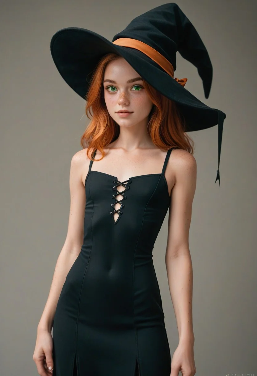 score_9, score_8_up, score_7_up, high quality, 1girl, young witch, petite, slim fit, short black dress, witch hat, adorable face, green eyes, ginger hair, freckles, standing,