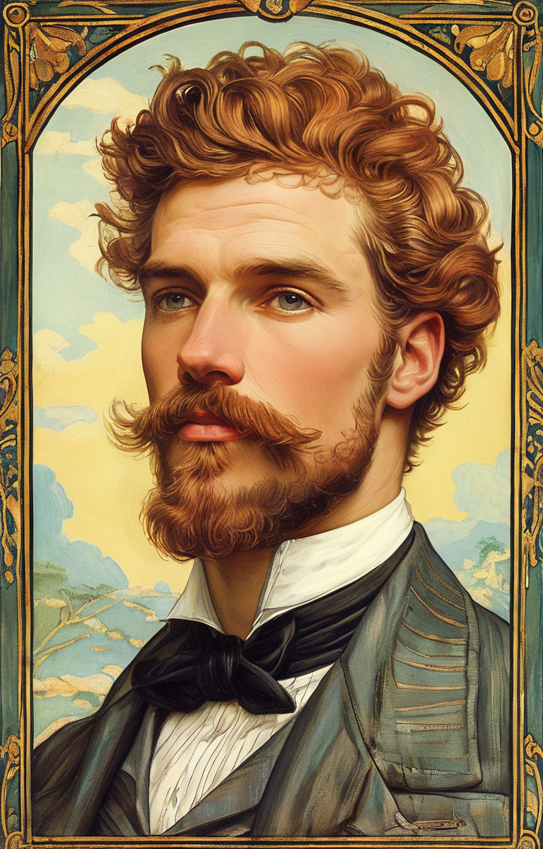 masterpiece,best quality,<lora:tbh132-sdxl:0.8>,portrait of man,illustration,style of Walter Crane,