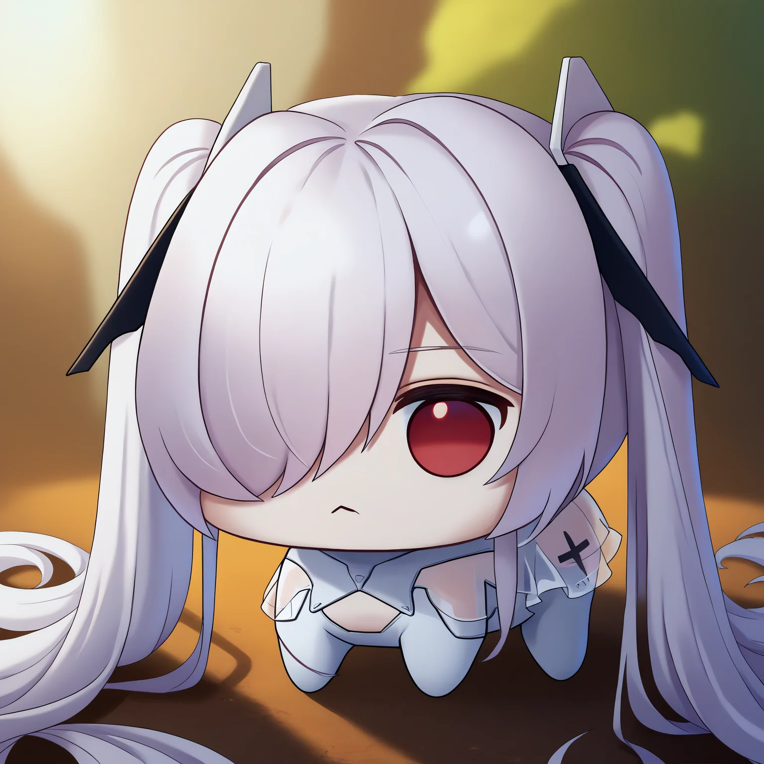 <lora:anachiro_nikke_x_pdxl_v1:0.8> score_9, score_8_up, score_7_up BREAK anachirox, twintails, very long hair, white hair, hair over one eye, red eyes, white bodysuit, see-through skirt, <lora:Doro_X_PDXL_V1:0.9> doro, creature, expressionless, chibi, no humans, four legs, solid circle eyes, outdoors