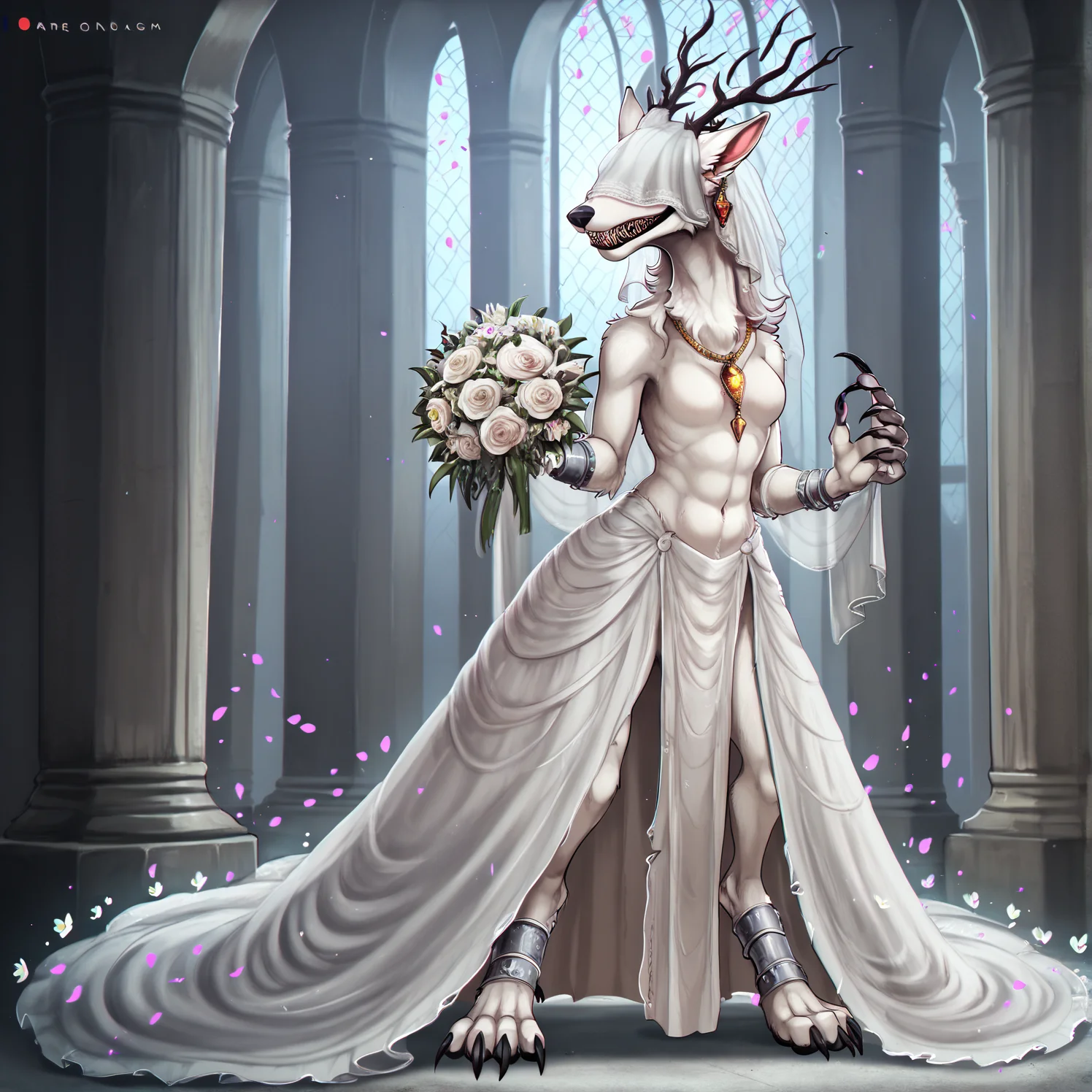 1girl, <lora:Vicar Amelia (Bloodborne)_epoch_7:1>anthro bbvicamelia,white fur, fluffy fur, sharp teeth, claws, paws, digitigrade, golden pendant necklace, standing straight, wedding dress, flower bouquet, looking at viewer, three-quarter portrait,  <lora:shadman_style_v4:1>, detailed, masterpiece,score_9, score_8_up, score_7_up, score_6_up, best quality