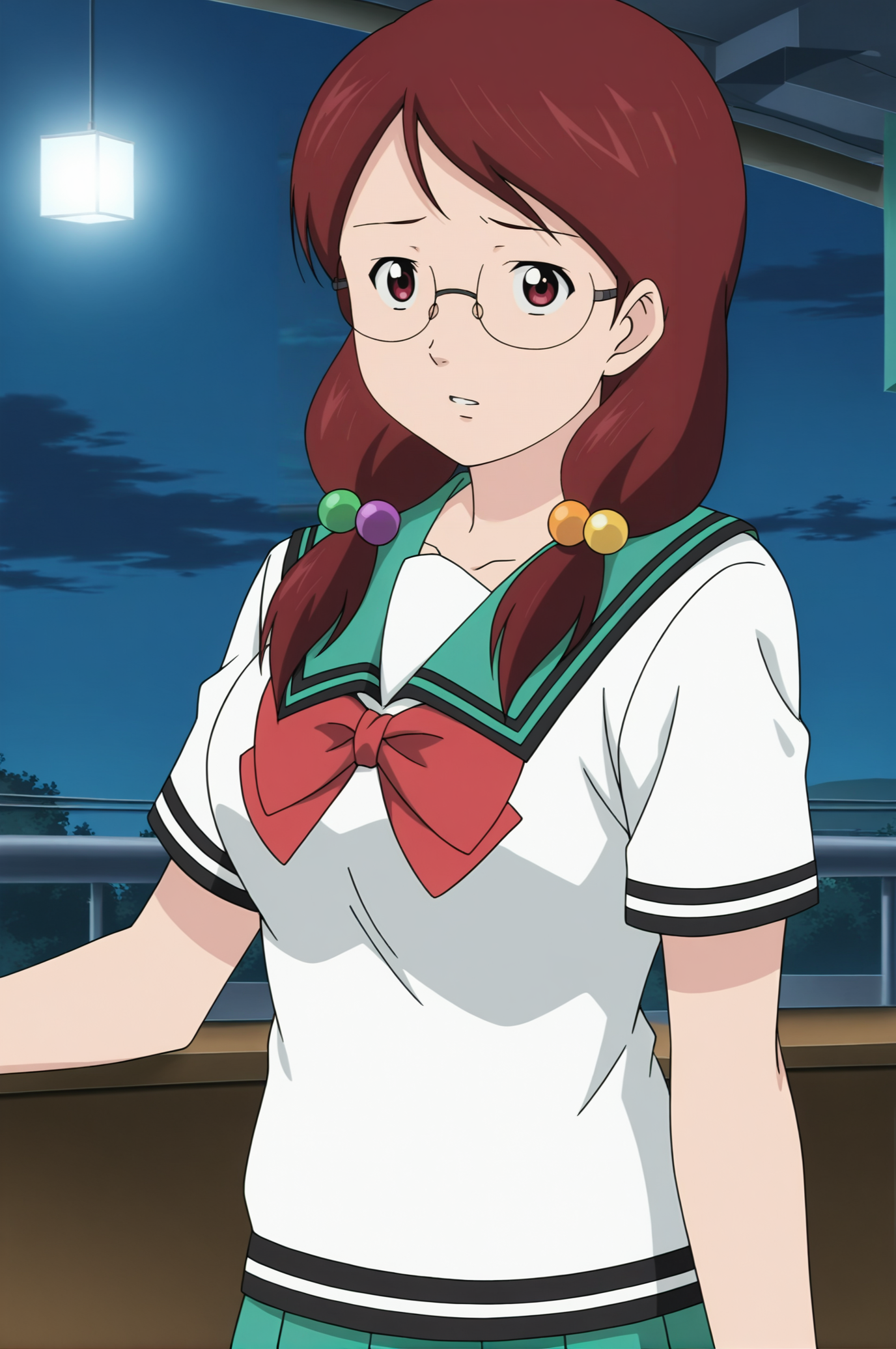 anime screencap,anime coloring,detailed face,masterpiece,best quality,very aesthetic,absurdres,volumetric lighting,official style,amazing quality,ultra detailed,highres,amazing quality,scenery,beautiful detailed hair,beautiful detailed eyes,official anime artwork,
<lora:Mera Chisato-IL V1:1>,Mera Chisato,1girl,solo,glasses,red hair,hair ornament,hair bobbles, school uniform, serafuku,ï¼
