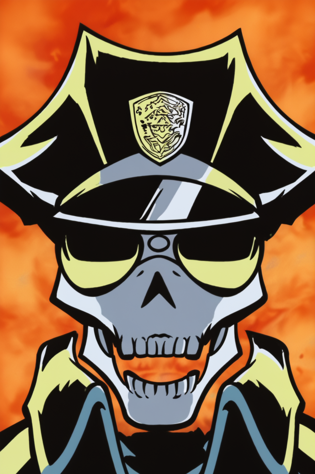 anime screencap, rating safe, Inferno Cop, upper body  <lora:Uchuu_Patrol_Luluco-Inferno_Cop-PDXL:0.8>